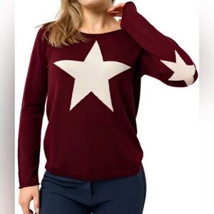 EUC TKEQ Cassidy Starlet 100% Merino Wool Crewneck Sweater Rich Burgundy